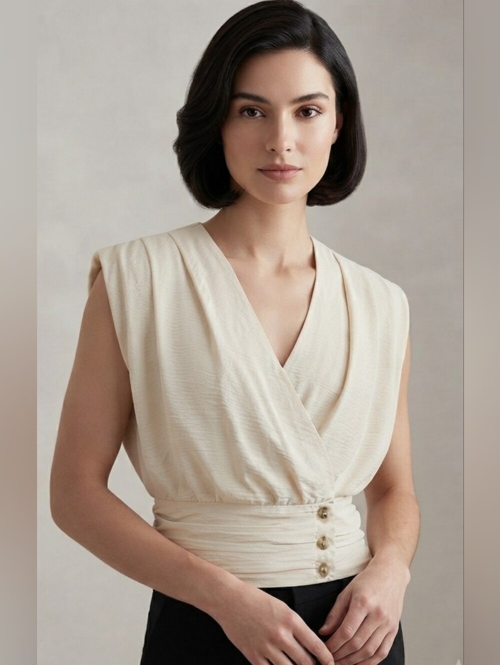 Cider Cream Faux-Wrap Sleeveless Button-Detail Camisole Sixe L New